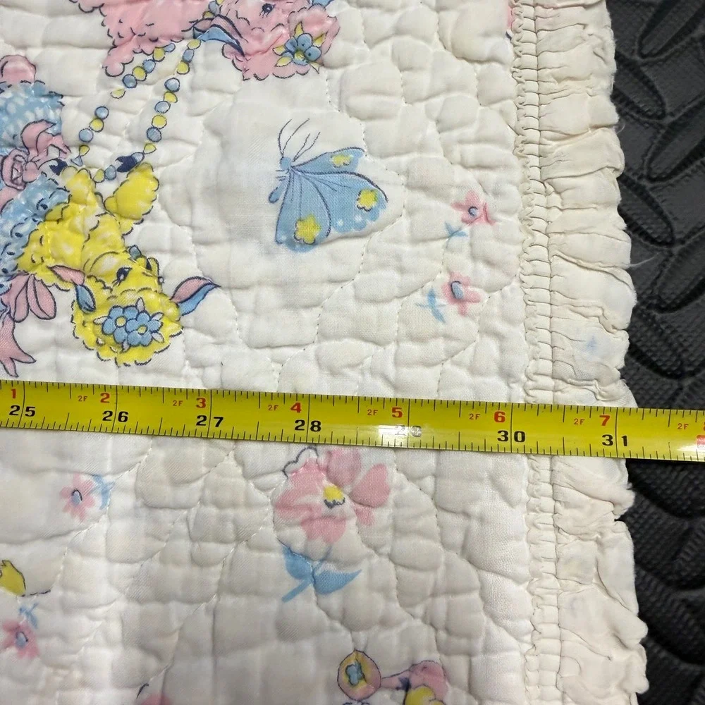 Quiltex Baby Blanket Infant White 1950s Vintage Poodle Print Quilted Ruffle READ